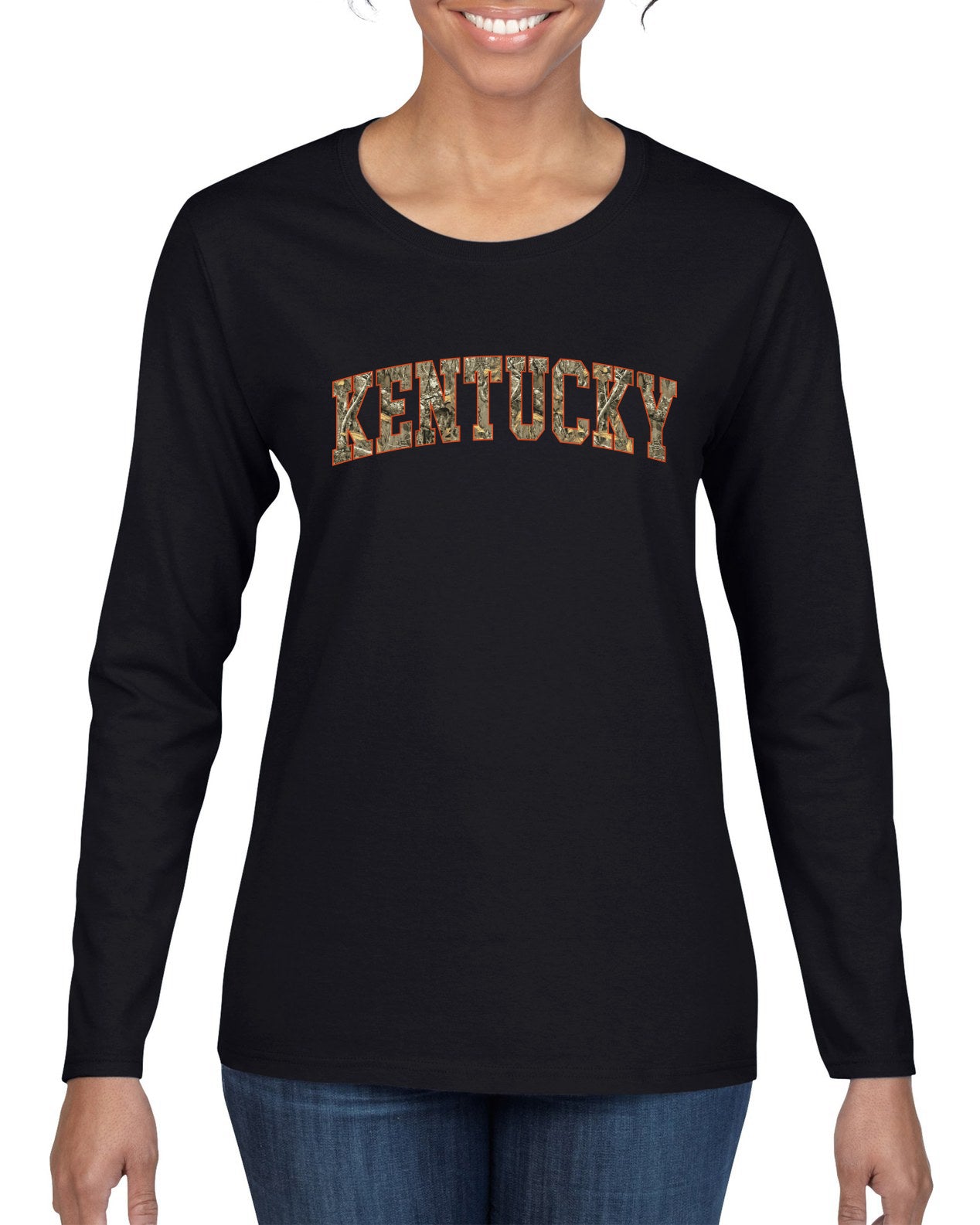 Kentucky  Camo Fill Orange Outline Sweater, Womens Graphic Long Sleeve T-Shirt