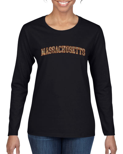 Massachusetts  Camo Fill Orange Outline Sweater, Womens Graphic Long Sleeve T-Shirt