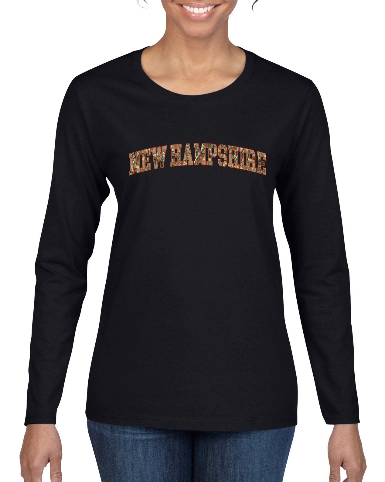 New Hampshire  Camo Fill Orange Outline Sweater, Womens Graphic Long Sleeve T-Shirt