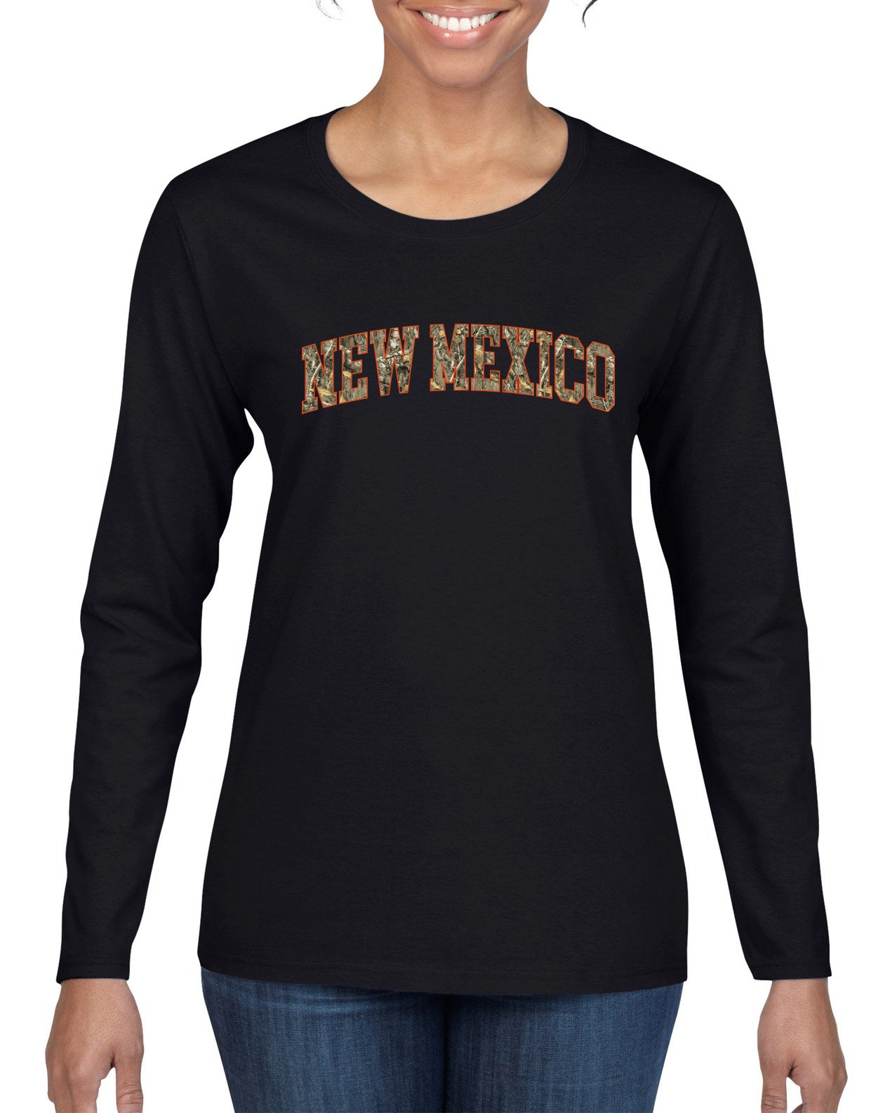 New Mexico  Camo Fill Orange Outline Sweater, Womens Graphic Long Sleeve T-Shirt
