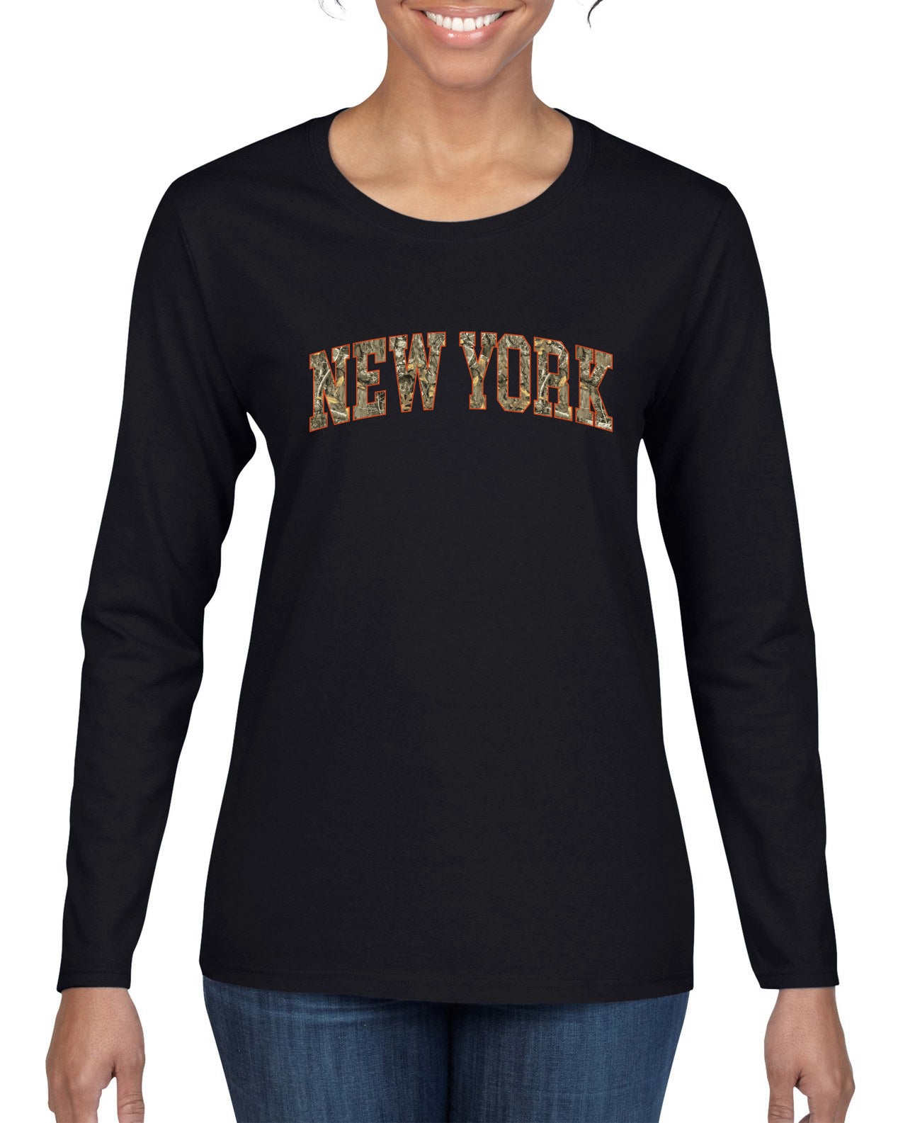 New York  Camo Fill Orange Outline Sweater, Womens Graphic Long Sleeve T-Shirt