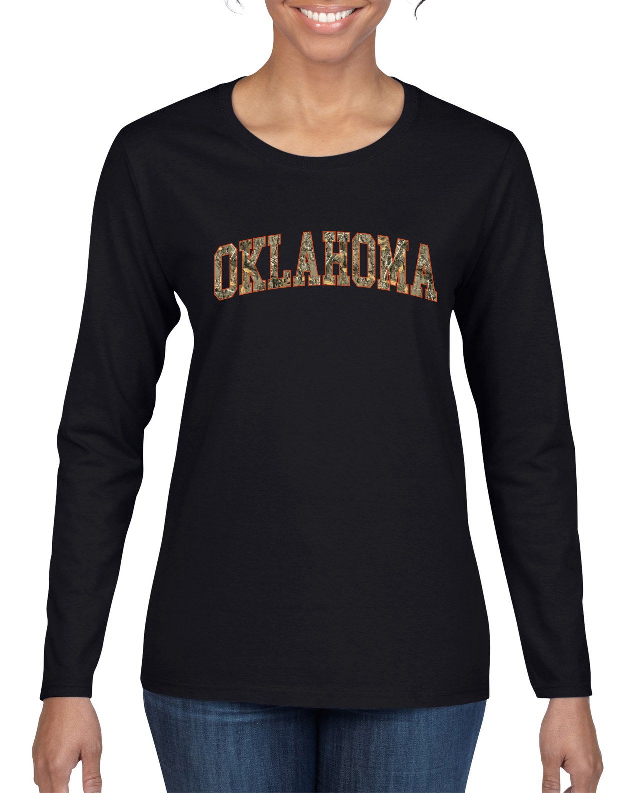 Oklahoma  Camo Fill Orange Outline Sweater, Womens Graphic Long Sleeve T-Shirt