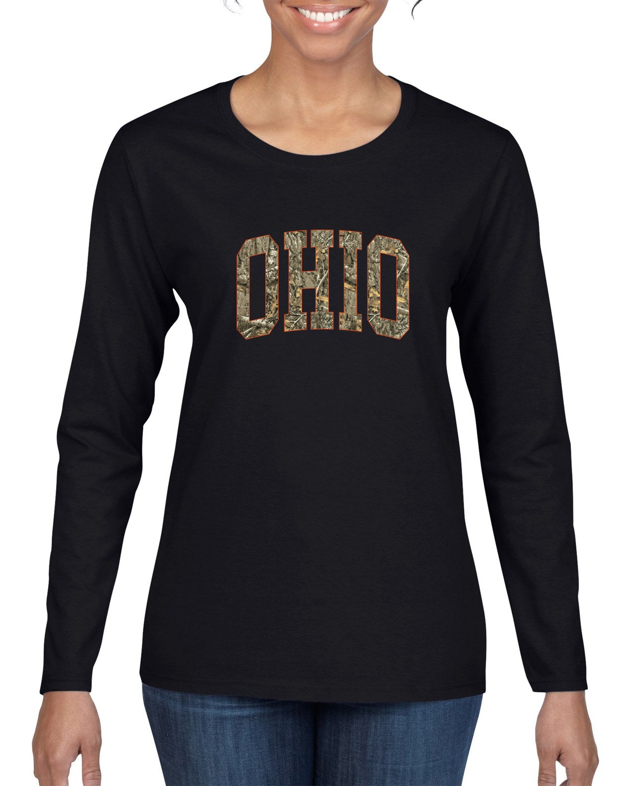 Ohio  Camo Fill Orange Outline Sweater, Womens Graphic Long Sleeve T-Shirt
