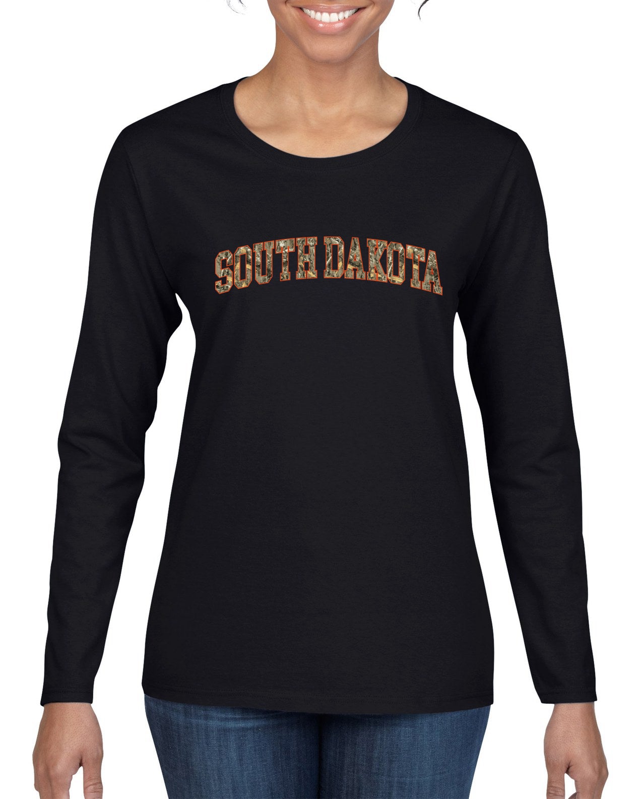 South Dakota  Camo Fill Orange Outline Sweater, Womens Graphic Long Sleeve T-Shirt
