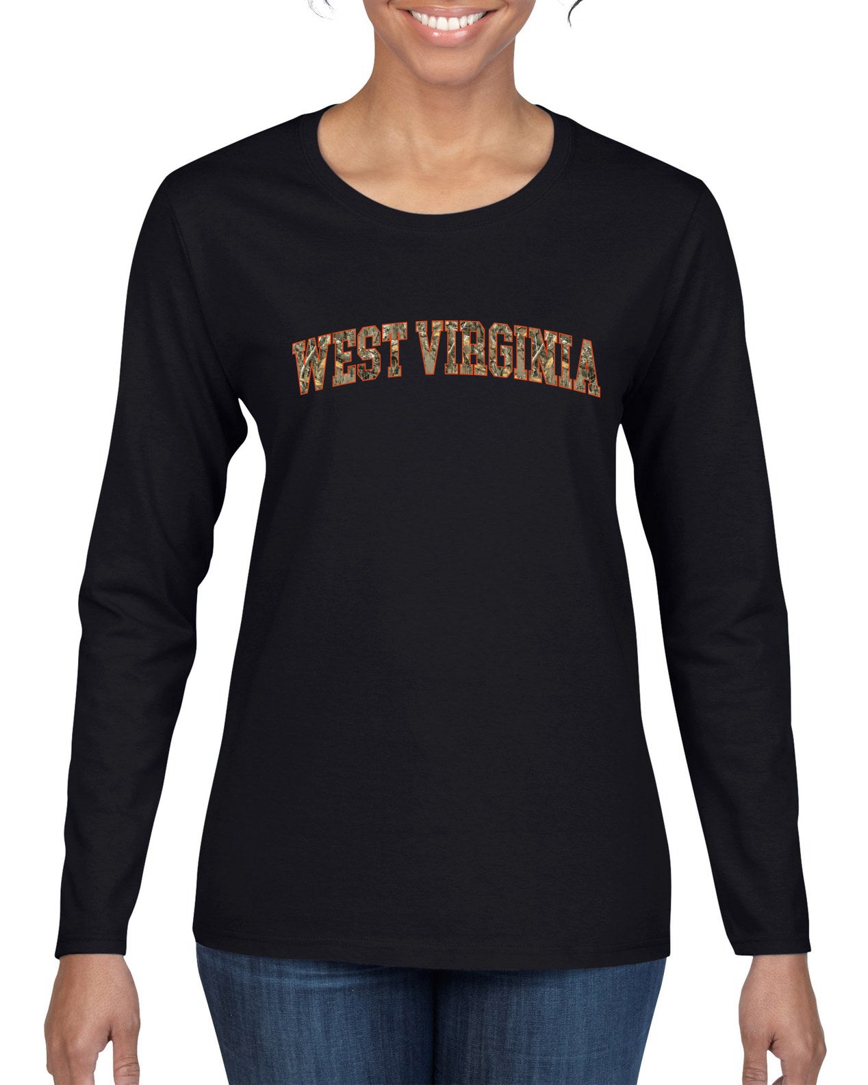 West Virginia  Camo Fill Orange Outline Sweater, Womens Graphic Long Sleeve T-Shirt