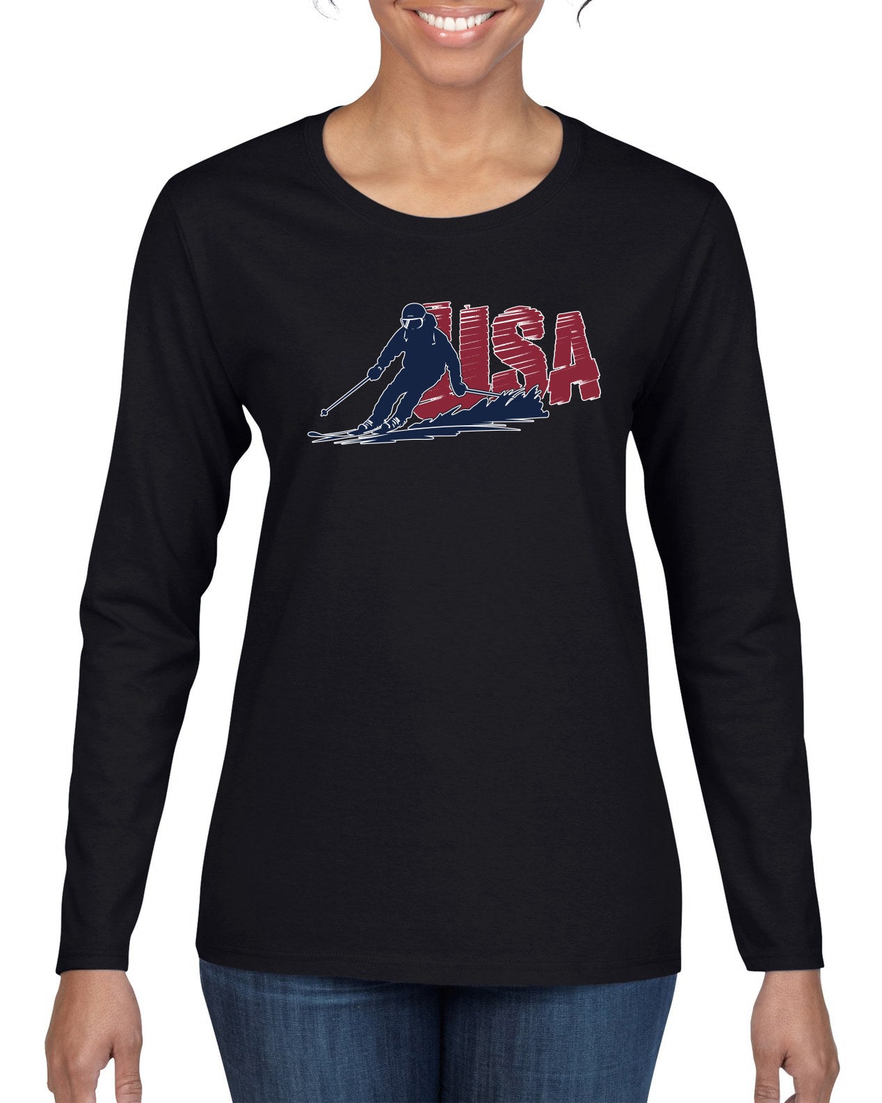 USA Winter Team Sports Fan Collection | USA Skier Sweater, Womens Graphic Long Sleeve T-Shirt