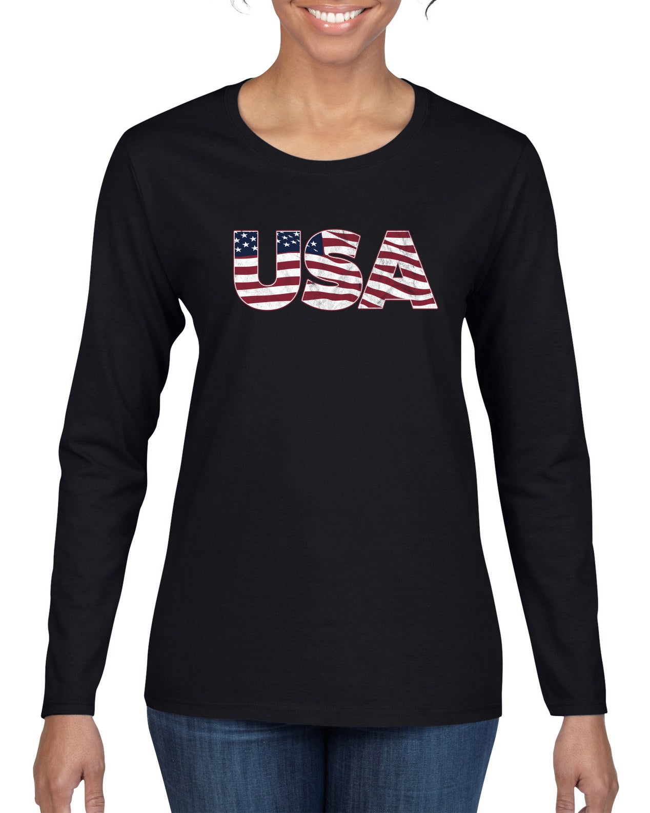USA Winter Team Sports Fan Collection | USA Flag Fill Design Sweater, Womens Graphic Long Sleeve T-Shirt