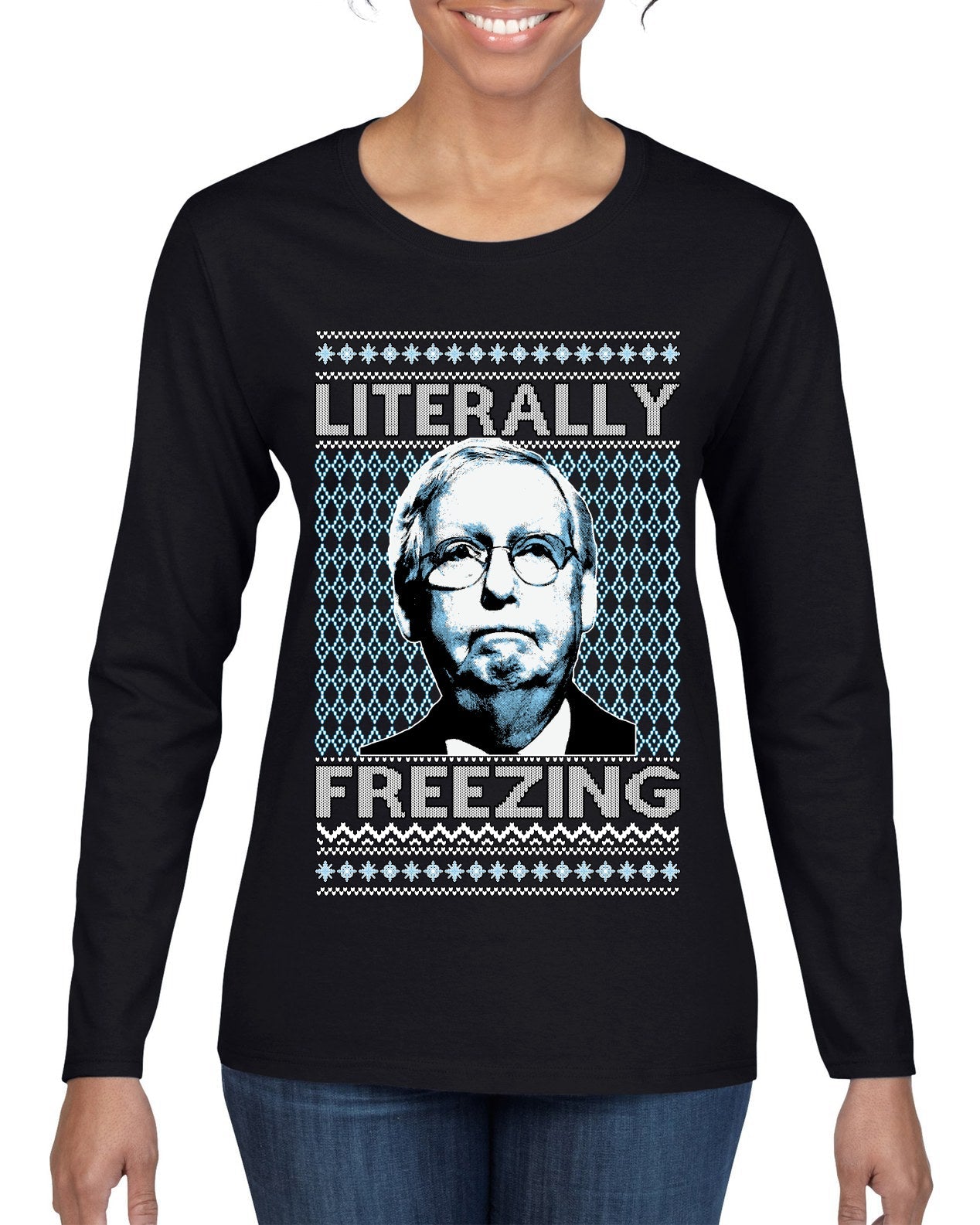 Literally Freezing McConnell Senator  Ugly Christmas Sweater Womens Graphic Long Sleeve T-Shirt