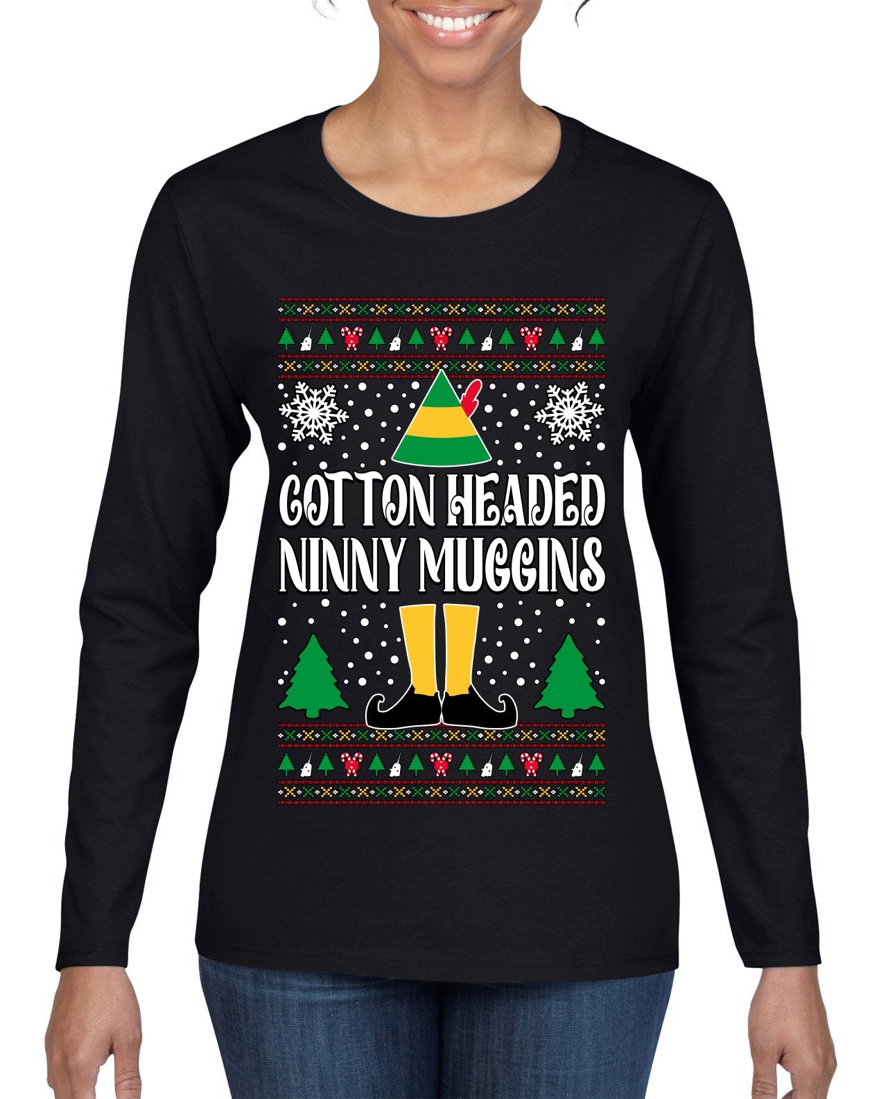 Cotton Headed Muggins Christmas Movie Quote  Ugly Christmas Sweater Womens Graphic Long Sleeve T-Shirt