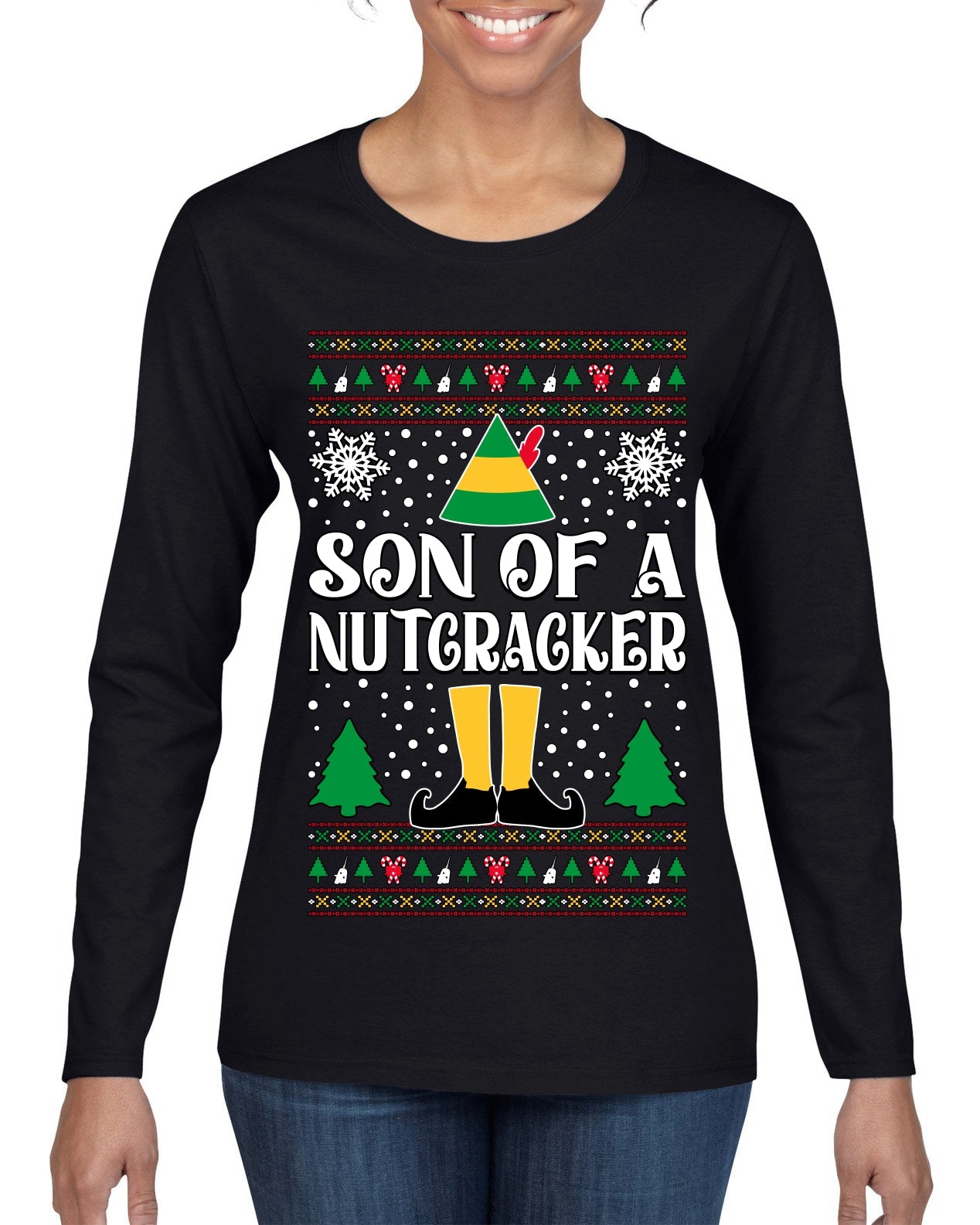 Son Of A Nutcracker Christmas Movie Quote  Ugly Christmas Sweater Womens Graphic Long Sleeve T-Shirt