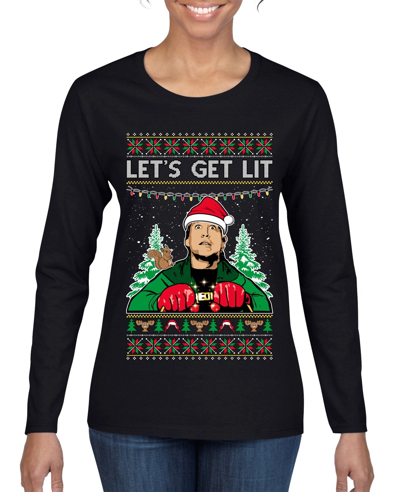 Let's Get Lit Clark Vacation Ugly Christmas Sweater Womens Graphic Long Sleeve T-Shirt