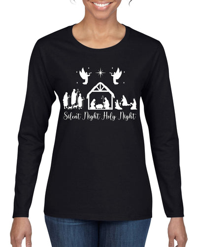 Silent Night Holy Night Religious Jesus Christmas Womens Graphic Long Sleeve T-Shirt
