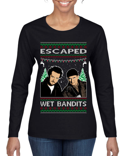 Escaped Bandits Classic Home Holiday Movie Ugly Christmas Sweater Womens Graphic Long Sleeve T-Shirt