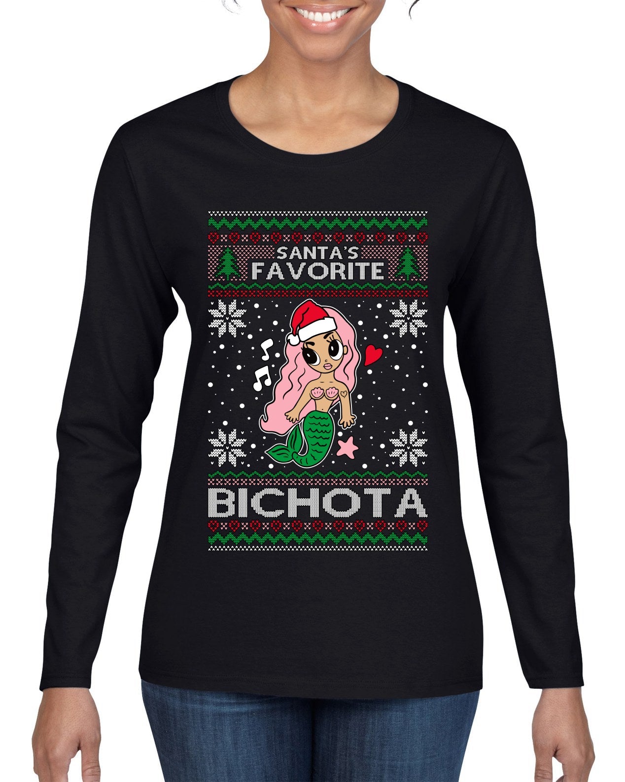 Christmas Karol Santa's Favorite Bichota Ugly Christmas Sweater Womens Graphic Long Sleeve T-Shirt