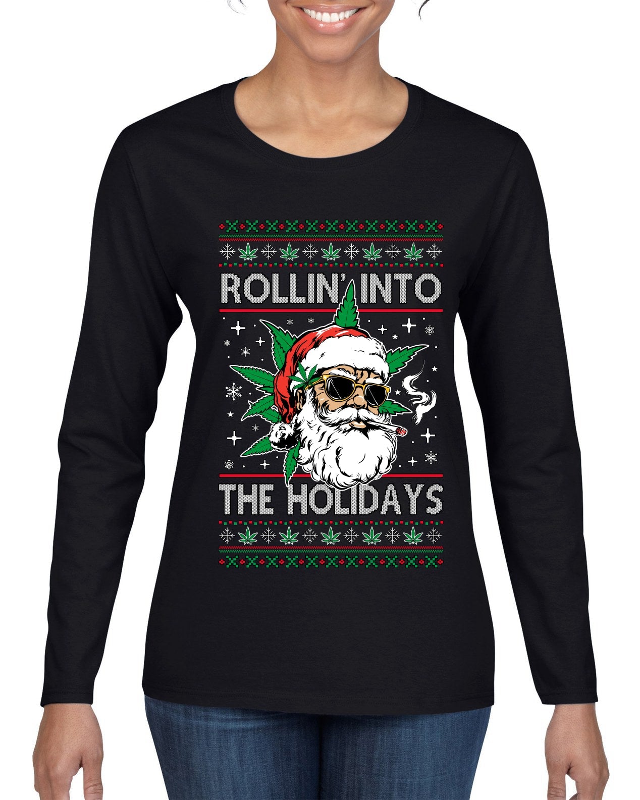 Rollin' Into The Holidays Christmas Sweater, Ugly Christmas Sweater Womens Graphic Long Sleeve T-Shirt