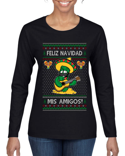 Feliz Navidad Mis Amigos!, Ugly Christmas Sweater Womens Graphic Long Sleeve T-Shirt