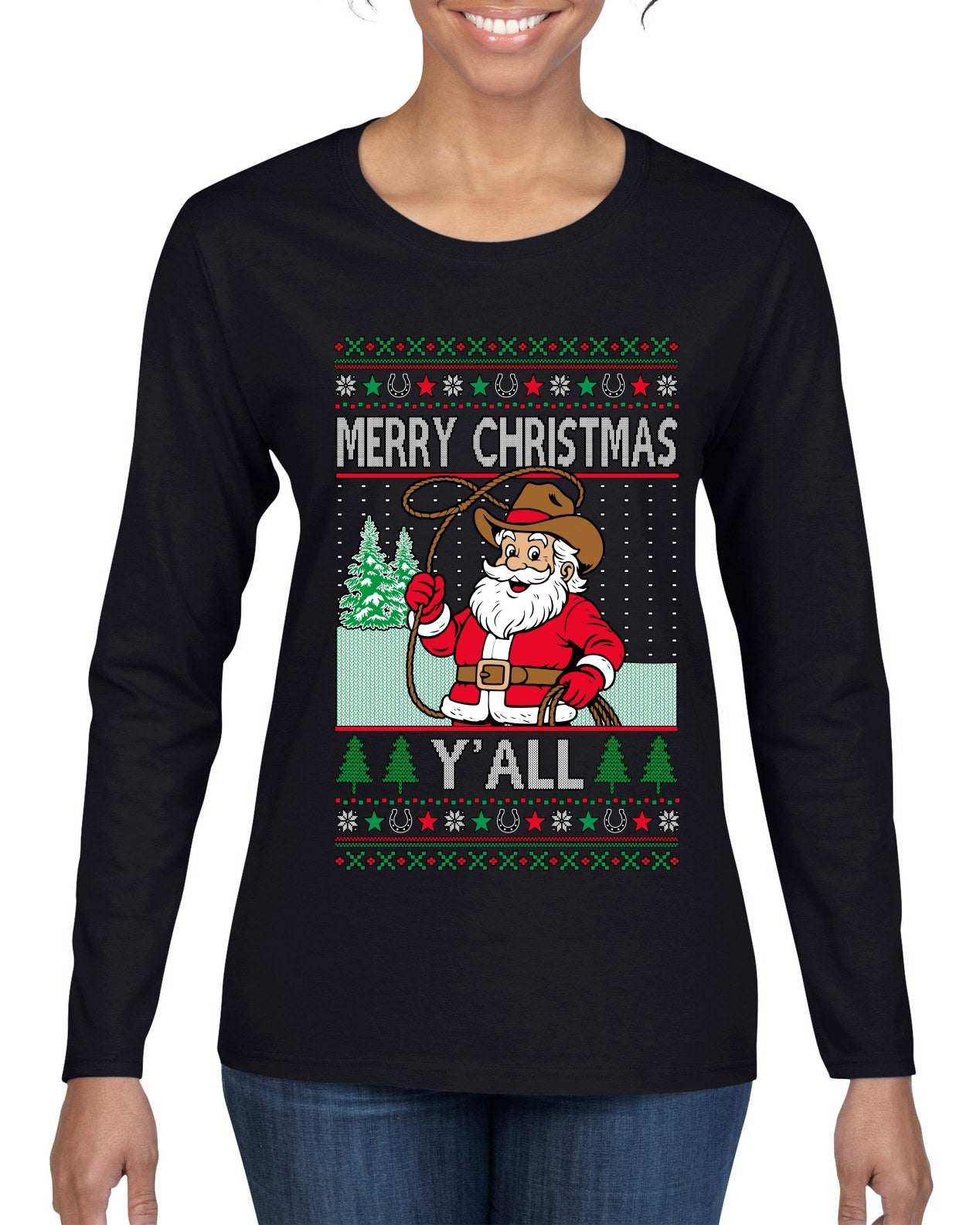 Merry Christmas Y'all Christmas Sweater, Ugly Christmas Sweater Womens Graphic Long Sleeve T-Shirt