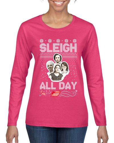 AOC The Squad Congresswomen Sleigh All Day Xmas Ugly Christmas Sweater Womens Graphic Long Sleeve T-Shirt