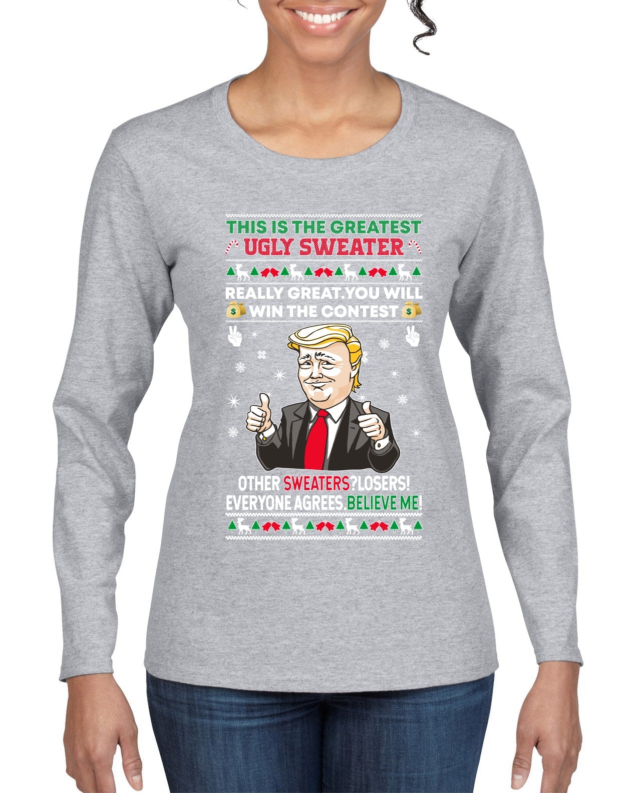 Trump This is the Greatest Ugly Christmas Sweater Womens Graphic Long Sleeve T-Shirt