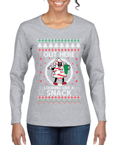 Out Here Looking Like A Snack Cookie Ugly Christmas Sweater Womens Graphic Long Sleeve T-Shirt