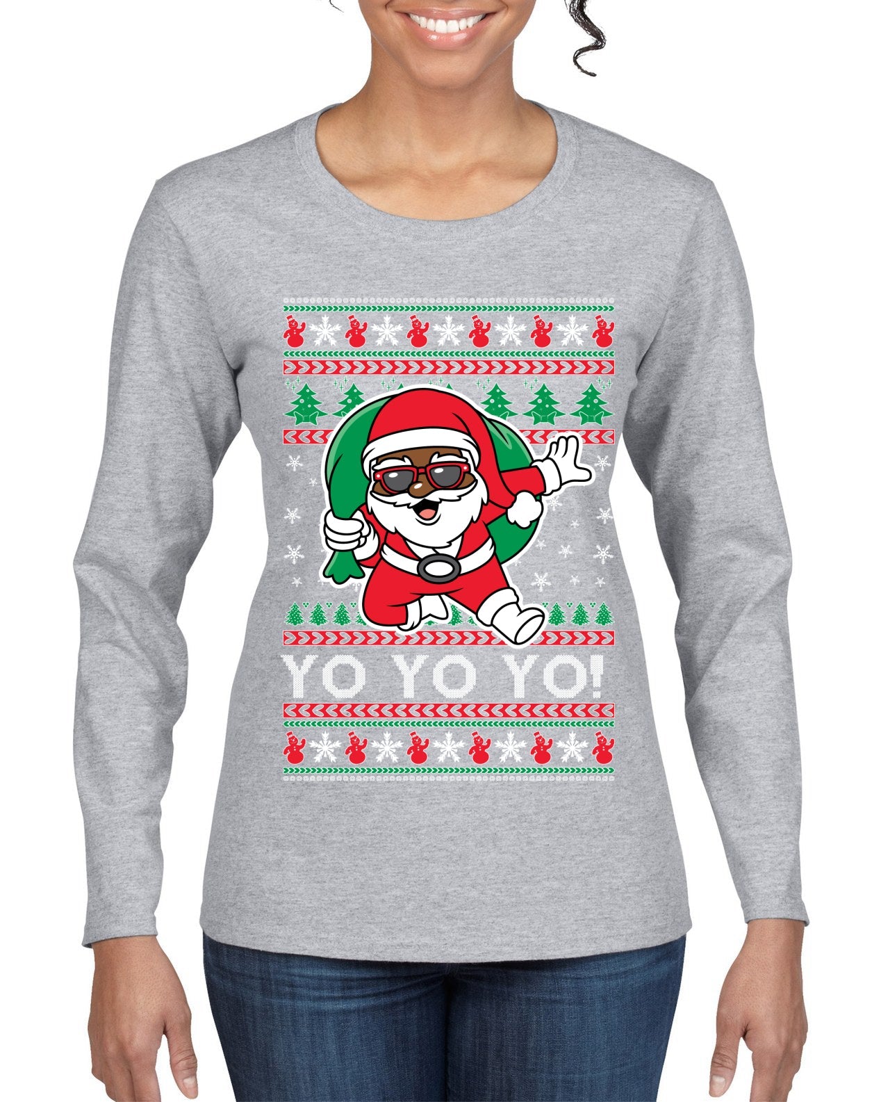Yo Yo Yo Black Santa Ugly Christmas Sweater Womens Graphic Long Sleeve T-Shirt