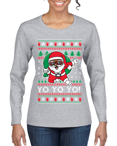 Yo Yo Yo Black Santa Ugly Christmas Sweater Womens Graphic Long Sleeve T-Shirt