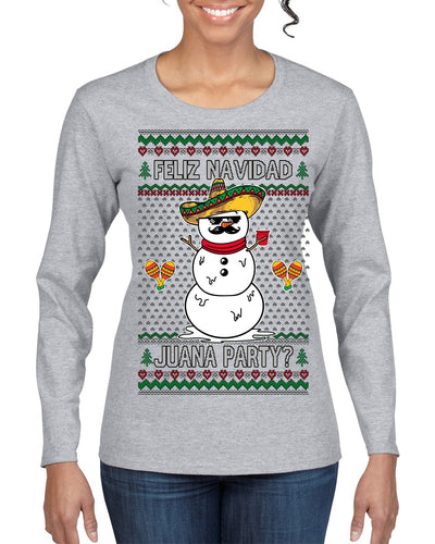 Feliz Navidad Juana Party Funny Spanish Drinking Cerveza Ugly Christmas Sweater Womens Graphic Long Sleeve T-Shirt