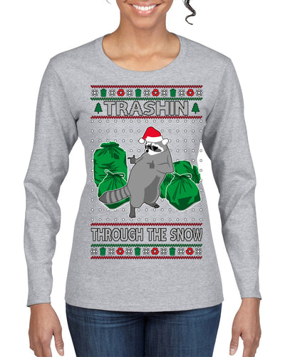 Trashin Through the Snow Funny Trash Panda Raccoon Meme Ugly Christmas Sweater Womens Graphic Long Sleeve T-Shirt