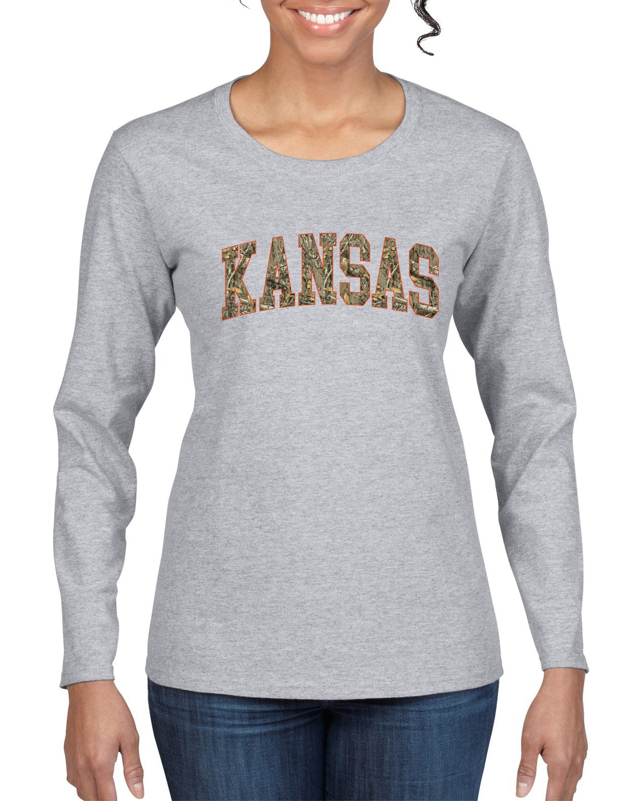 Kansas  Camo Fill Orange Outline Sweater, Womens Graphic Long Sleeve T-Shirt