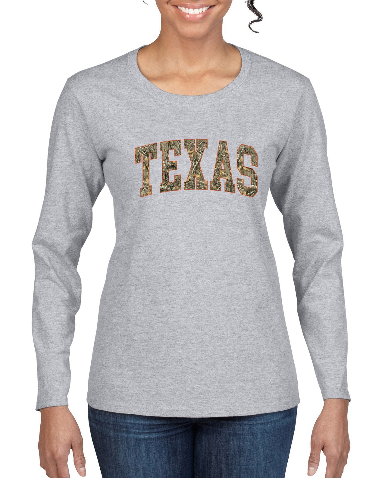 Texas  Camo Fill Orange Outline Sweater, Womens Graphic Long Sleeve T-Shirt