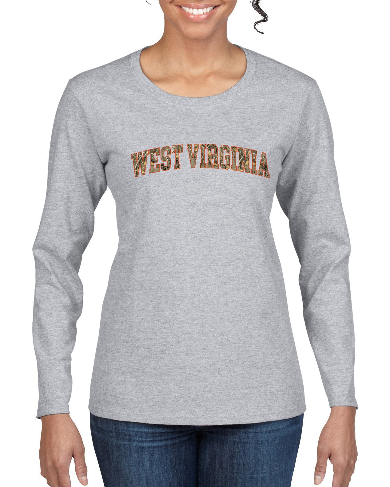 West Virginia  Camo Fill Orange Outline Sweater, Womens Graphic Long Sleeve T-Shirt