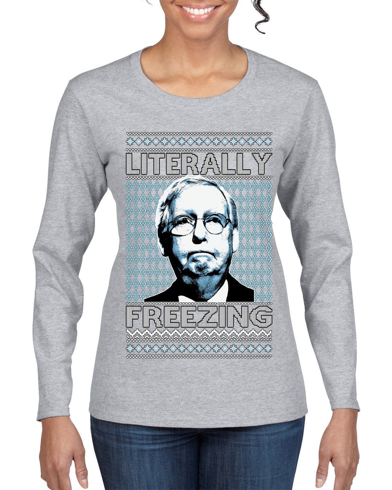Literally Freezing McConnell Senator  Ugly Christmas Sweater Womens Graphic Long Sleeve T-Shirt