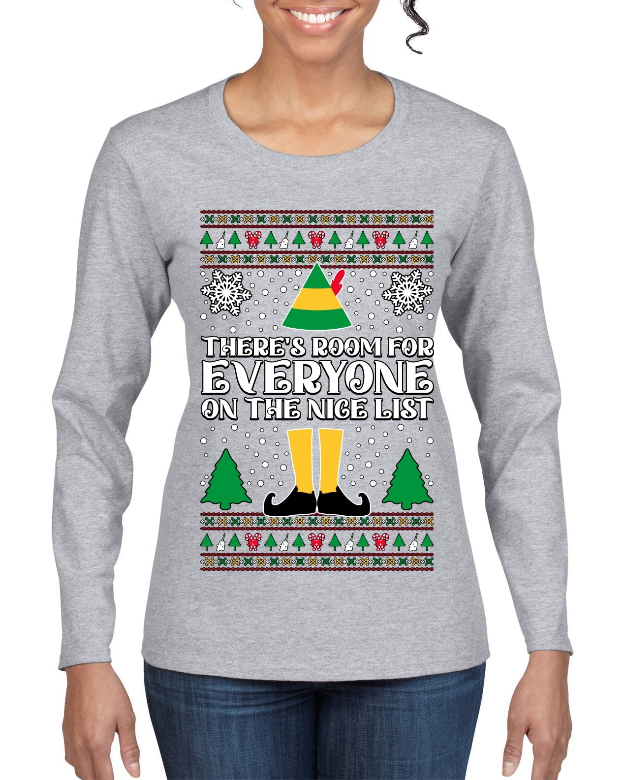 Room For Everyone On The Nice List Christmas Movie Quote  Ugly Christmas Sweater Womens Graphic Long Sleeve T-Shirt