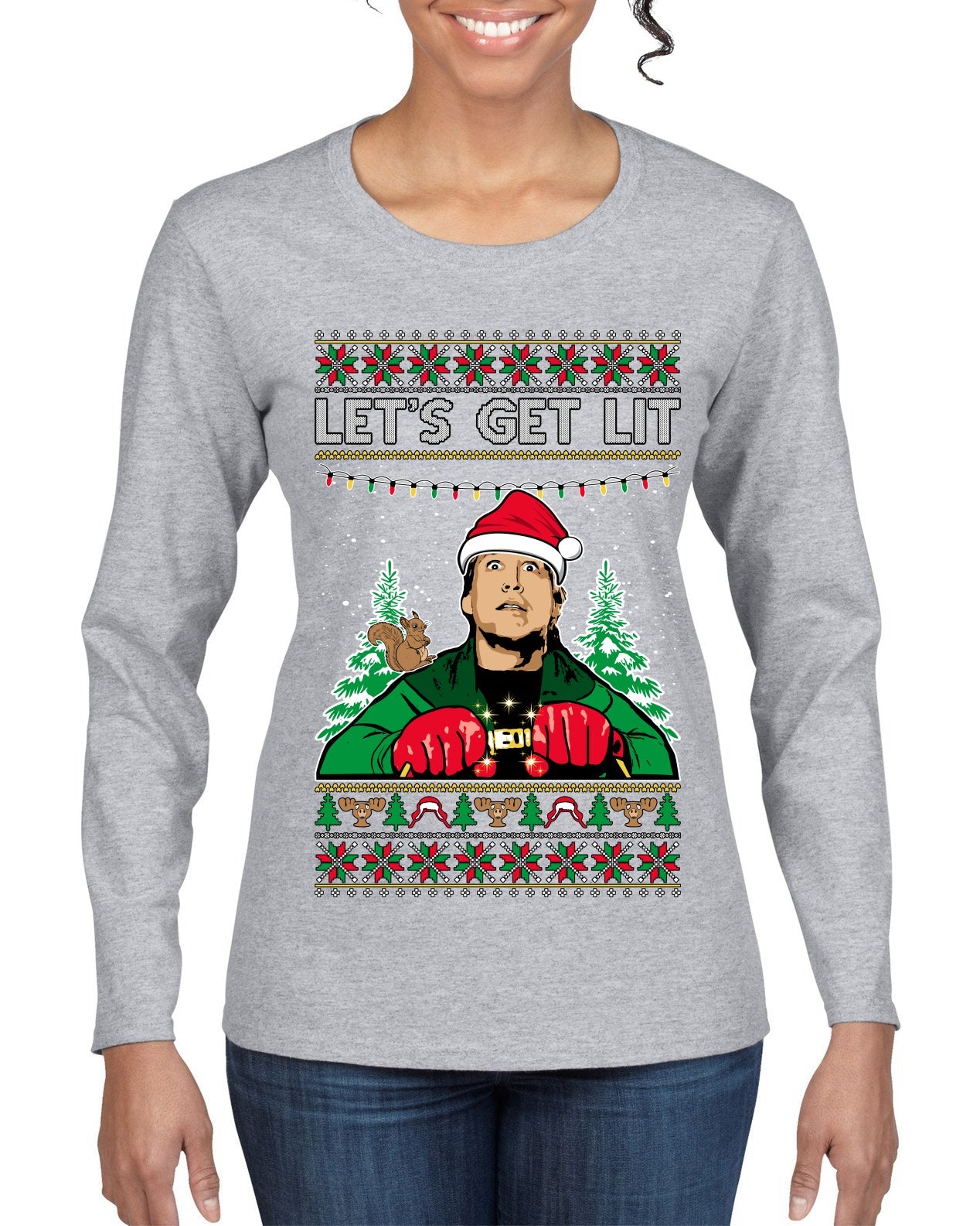 Let's Get Lit Clark Vacation Ugly Christmas Sweater Womens Graphic Long Sleeve T-Shirt