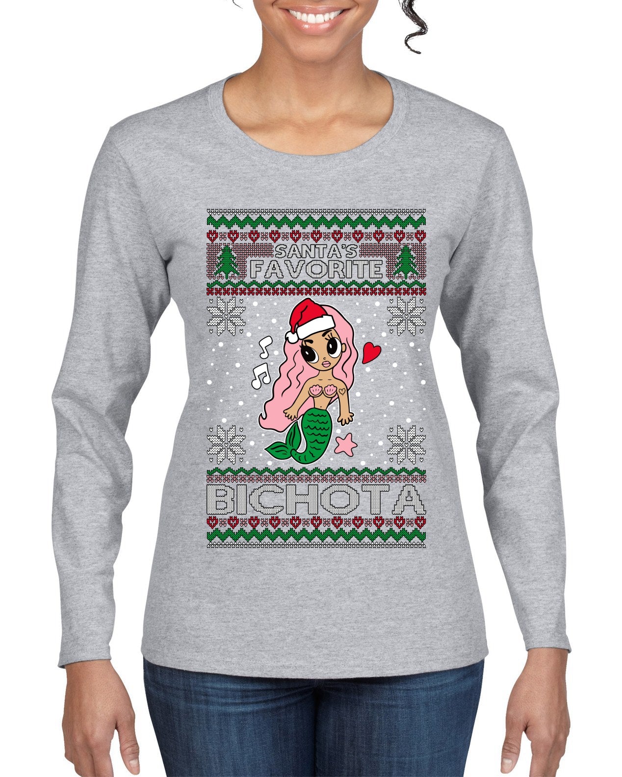 Christmas Karol Santa's Favorite Bichota Ugly Christmas Sweater Womens Graphic Long Sleeve T-Shirt