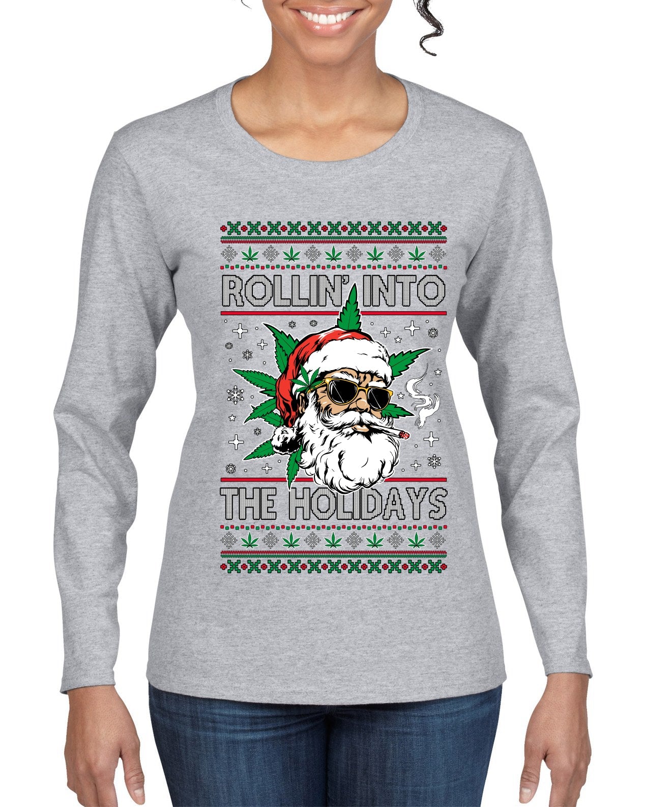 Rollin' Into The Holidays Christmas Sweater, Ugly Christmas Sweater Womens Graphic Long Sleeve T-Shirt