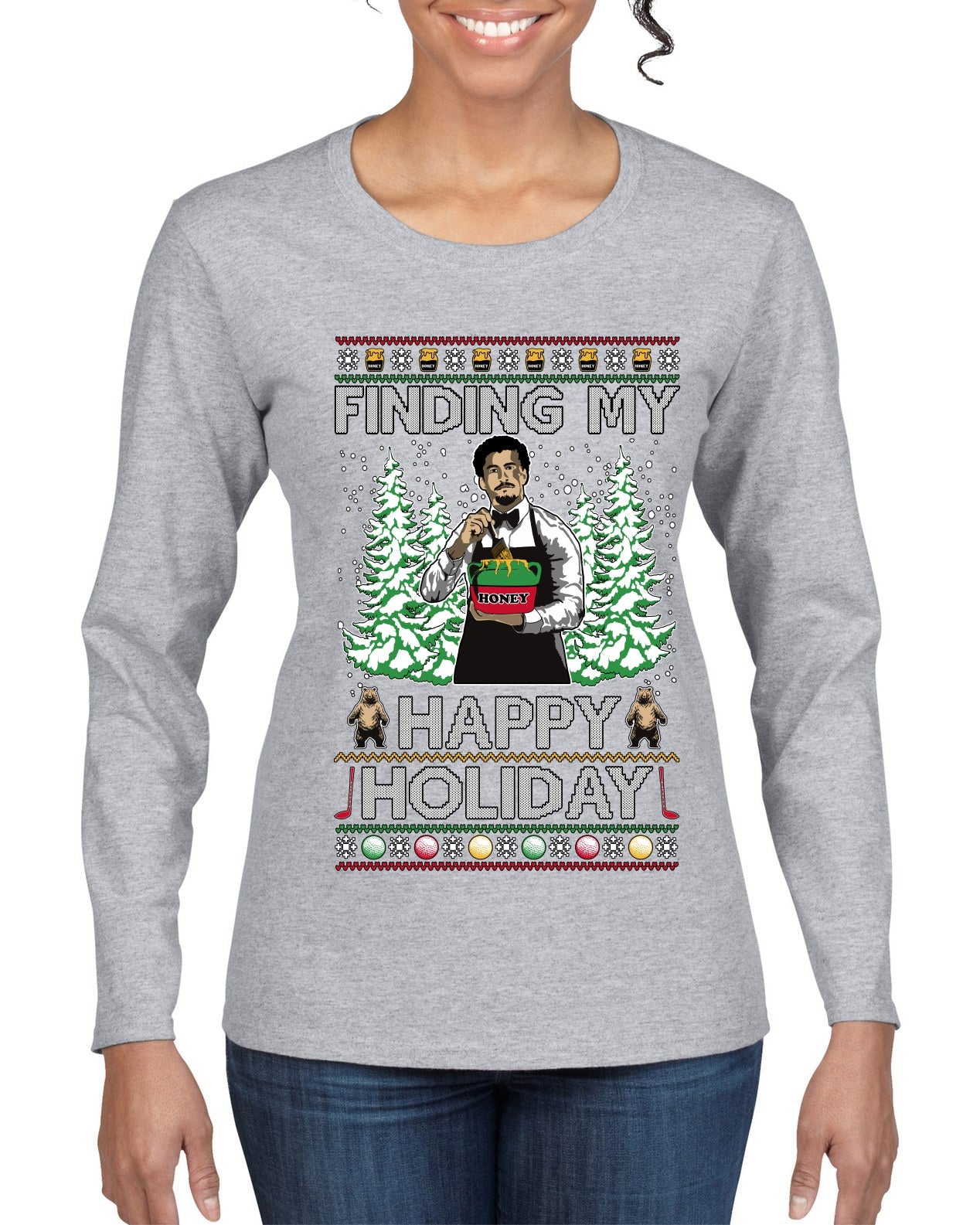 Finding My Happy Holiday, Ugly Christmas Sweater Womens Graphic Long Sleeve T-Shirt
