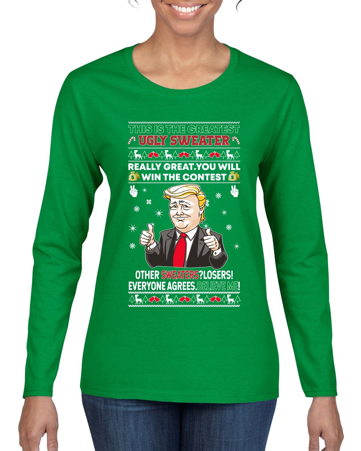 Trump This is the Greatest Ugly Christmas Sweater Womens Graphic Long Sleeve T-Shirt