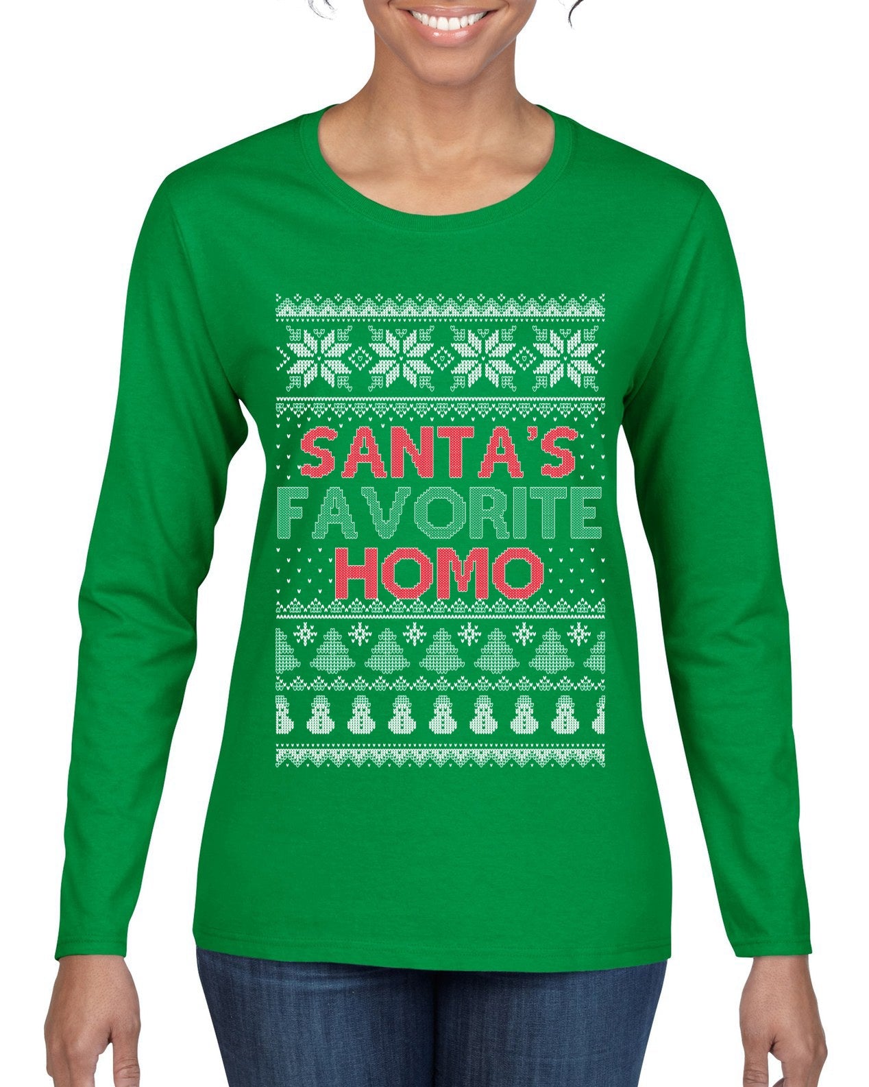 Santa's Favorite Homo Ugly Christmas Sweater Womens Graphic Long Sleeve T-Shirt