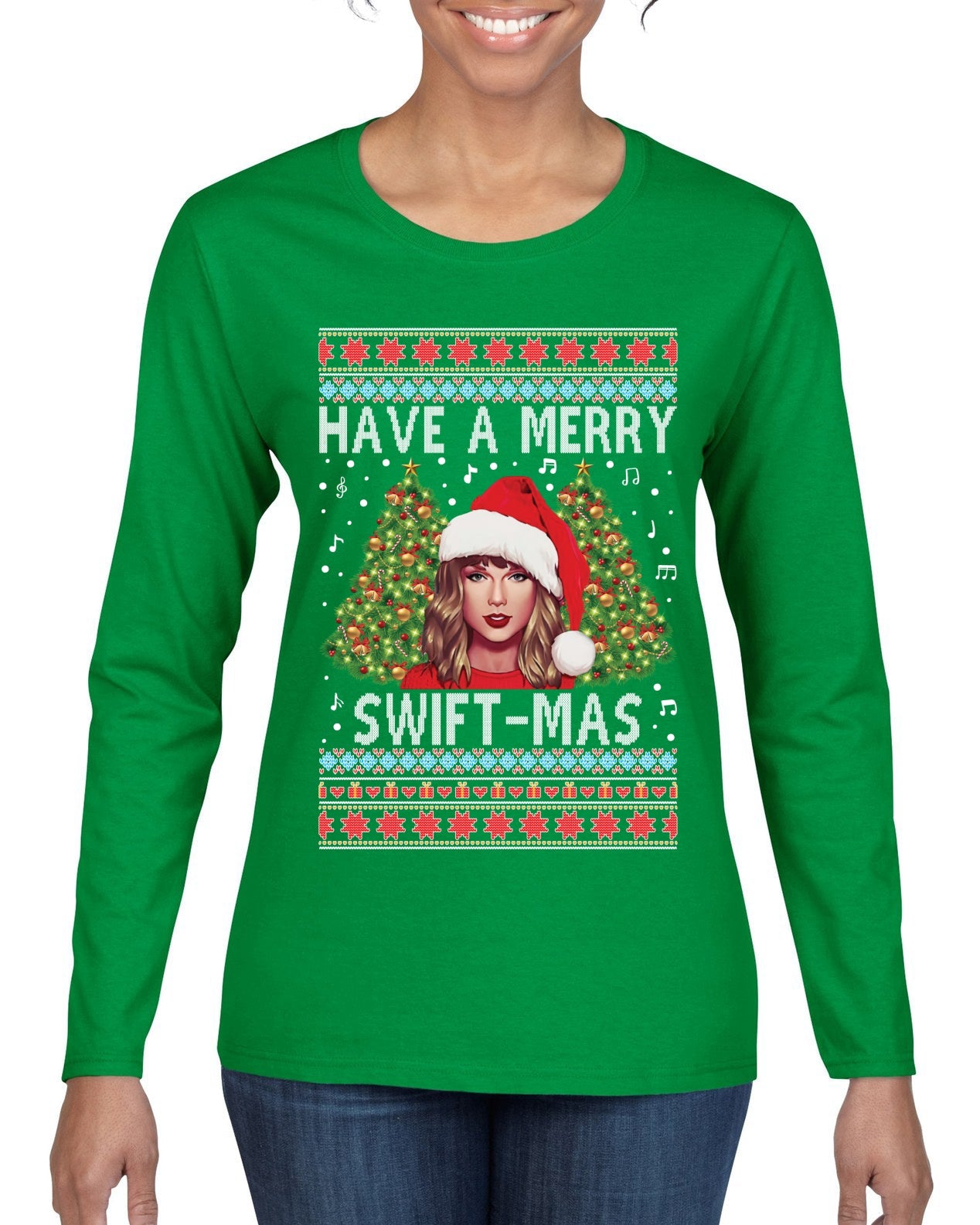 Merry Swiftmas Ugly Christmas Sweater Womens Graphic Long Sleeve T-Shirt