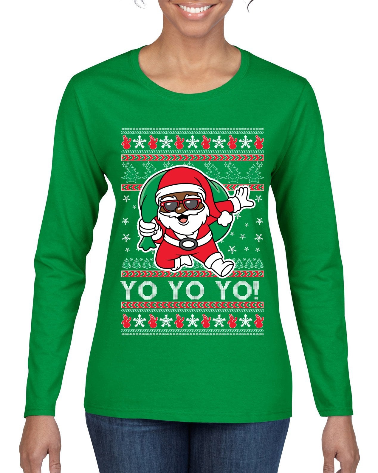 Yo Yo Yo Black Santa Ugly Christmas Sweater Womens Graphic Long Sleeve T-Shirt