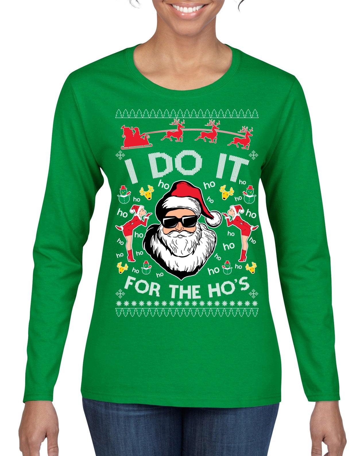 I Do It for the Hos Funny Santa Claus Ugly Christmas Sweater Womens Graphic Long Sleeve T-Shirt