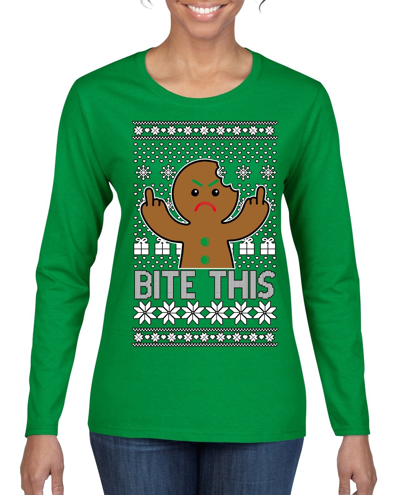Bite This, Funny Gingerbread Cookie Offensive Inappropriate Middle Finger, F U Ginger Bread Dirty Novelty Xmas Ugly Christmas Sweater Womens Graphic Long Sleeve T-Shirt