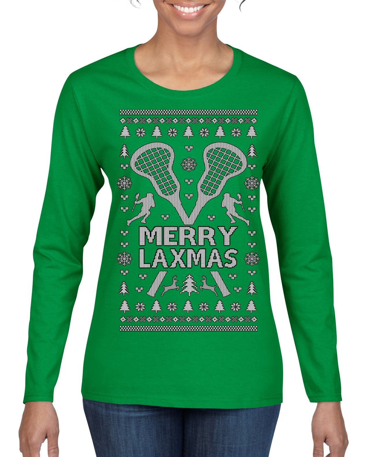 Merry Laxmas Funny Lacrosse Sports LAX Teen Sports Pun Ugly Christmas Sweater Womens Graphic Long Sleeve T-Shirt