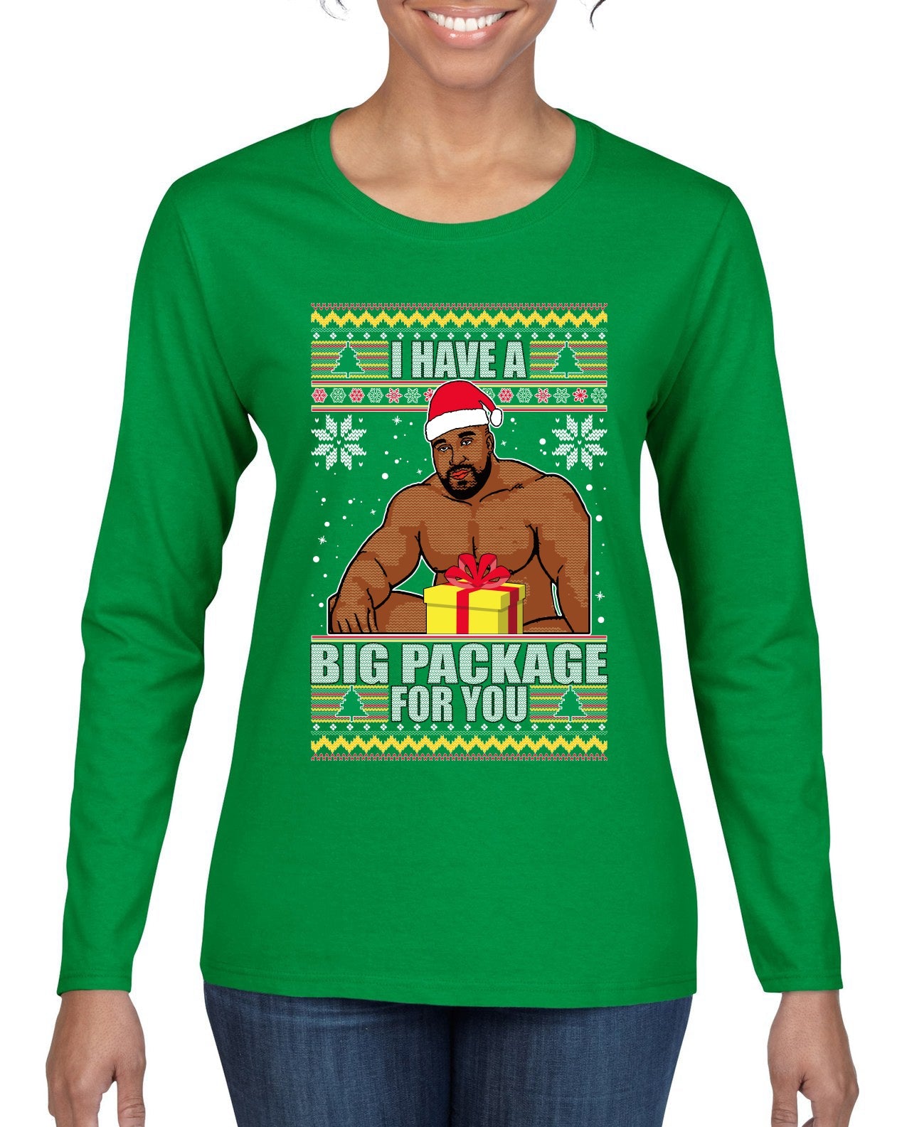 I Have A Big Package Meme Barry Wood Ugly Christmas Sweater Womens Graphic Long Sleeve T-Shirt