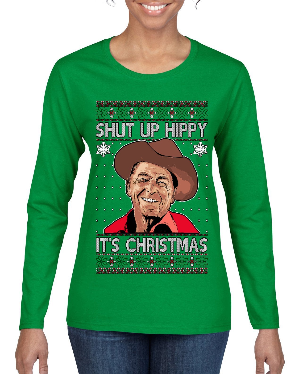 Shut Up Hippy It's Christmas Ugly Christmas Sweater Womens Graphic Long Sleeve T-Shirt