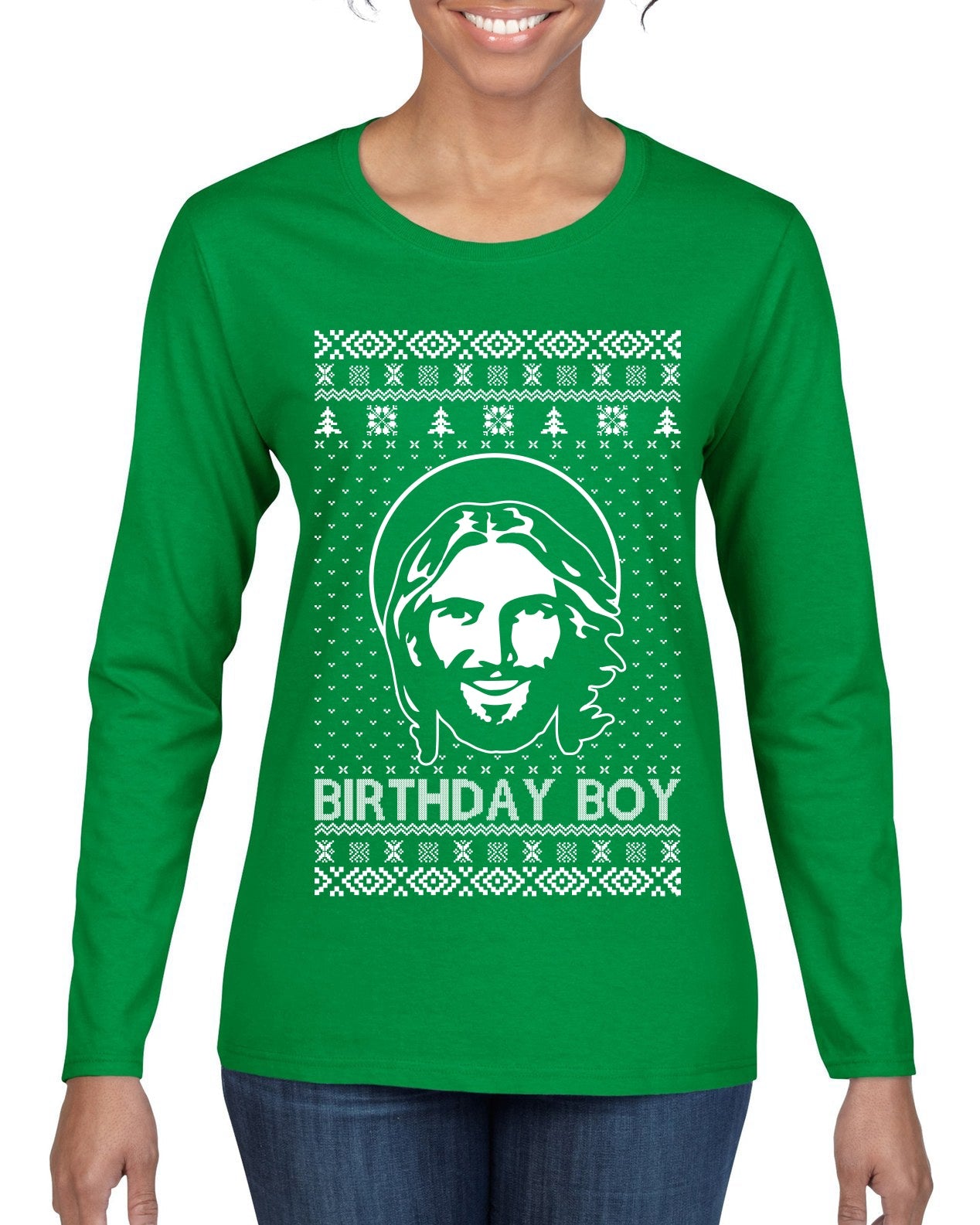 Birthday Boy Jesus Christ Ugly Christmas Sweater Womens Graphic Long Sleeve T-Shirt
