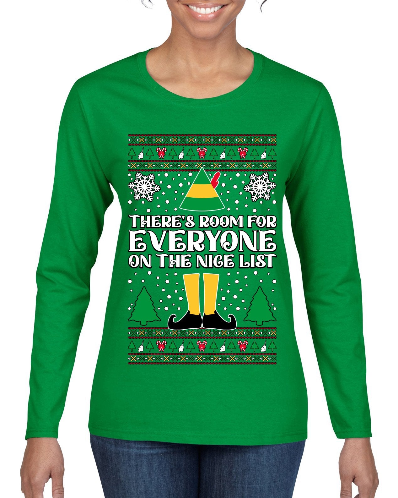 Room For Everyone On The Nice List Christmas Movie Quote  Ugly Christmas Sweater Womens Graphic Long Sleeve T-Shirt