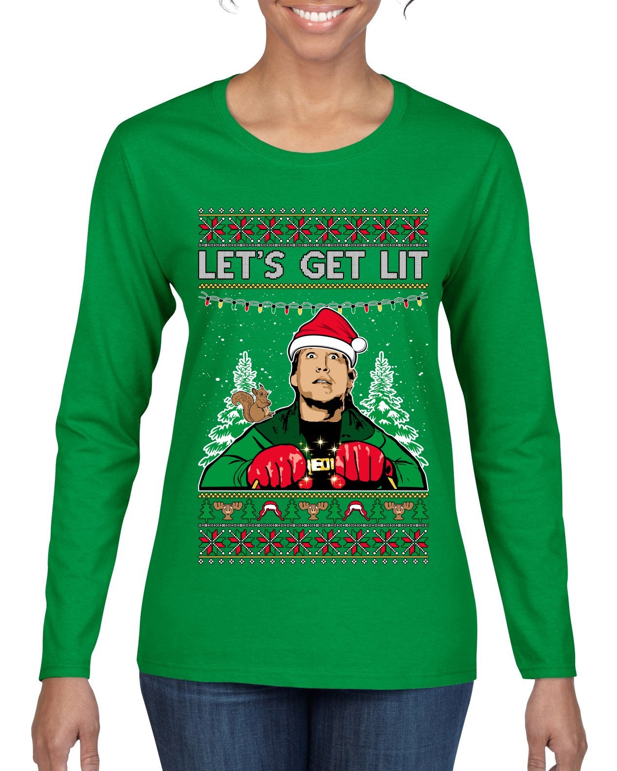 Let's Get Lit Clark Vacation Ugly Christmas Sweater Womens Graphic Long Sleeve T-Shirt