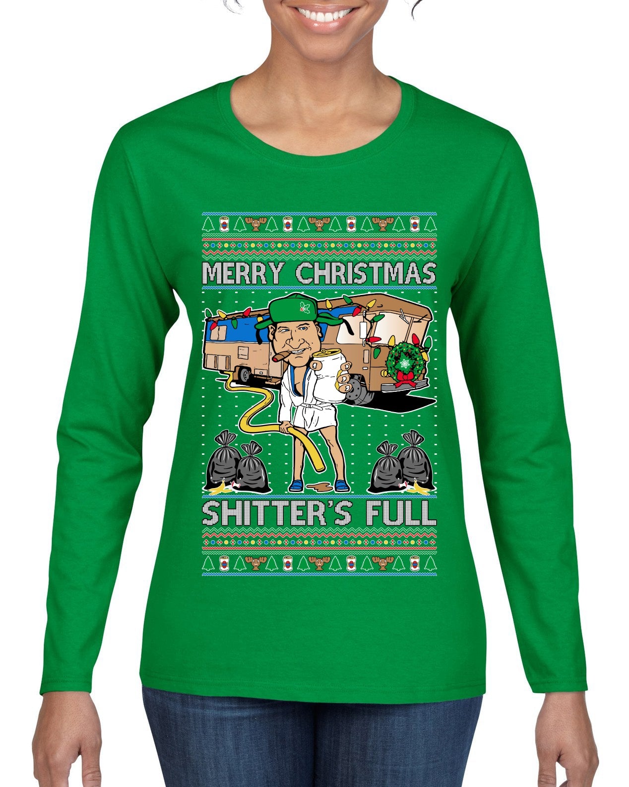 Merry Christmas Shitter's Full Ugly Christmas Sweater Womens Graphic Long Sleeve T-Shirt